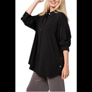 WynneLayers Women's Cotton Curved Hem Button-Down Shirt Black - Regular